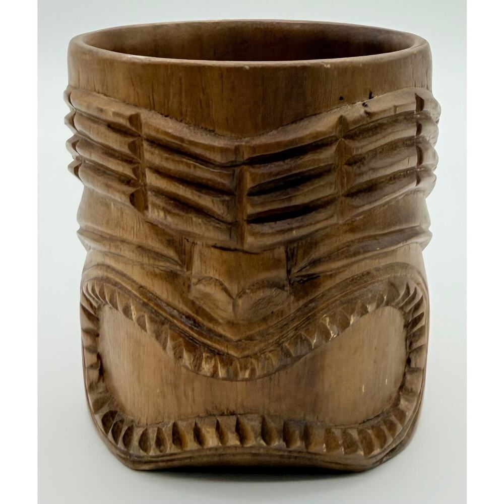 Vintage Hand Carved Wooden Tiki Mug Polynesian Face Totem Tropical‎ Barware